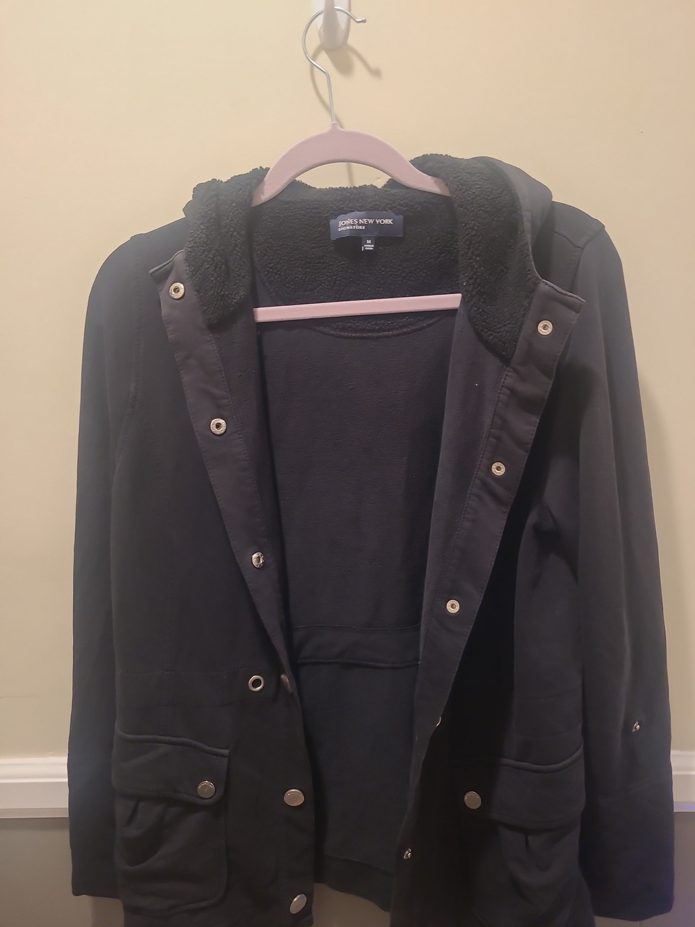 Jones Signature New York Womens Utility Jacket Medium Black Snapfront Fleece Hd